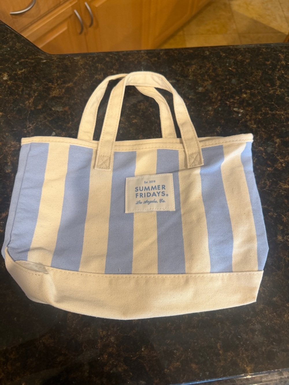 Summer Fridays Light Blue & White Striped Canvas Tote